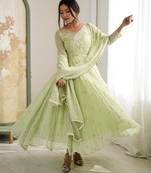 Lime georgette readymade anarkali with embroidery & sequence work