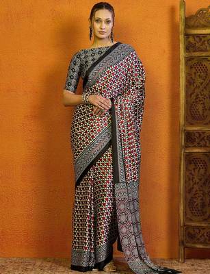 red satin block print saree 1