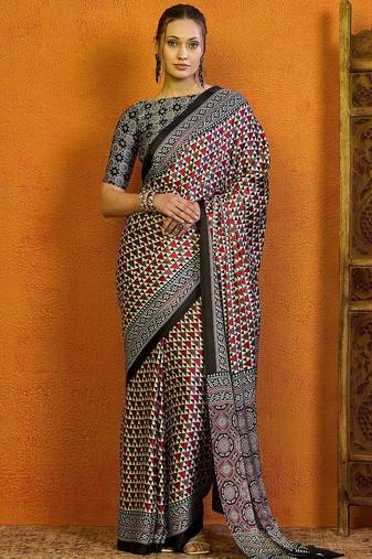 red satin block print saree