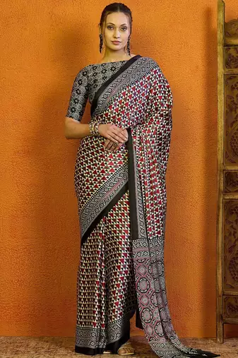red satin block print saree