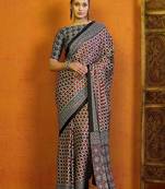 red satin block print saree