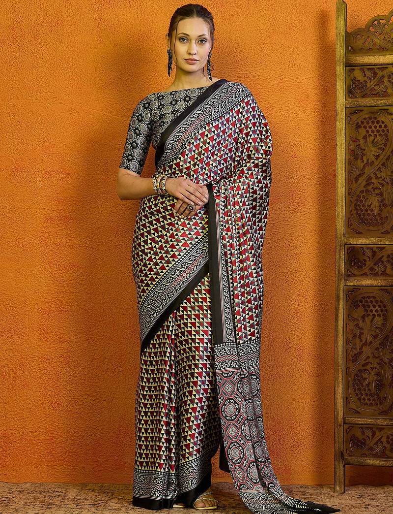 red satin block print saree