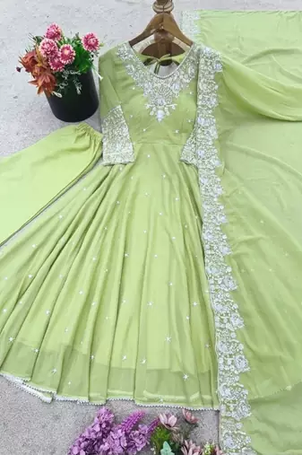 Lime georgette readymade anarkali with embroidery & sequence work