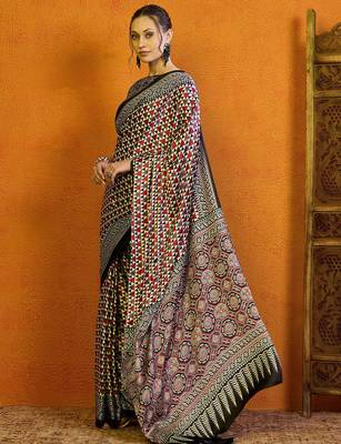 red satin block print saree 2