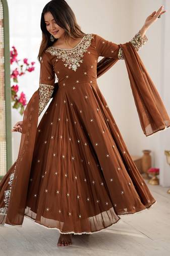 Brown georgette readymade anarkali with embroidery & sequence work