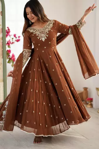 Brown georgette readymade anarkali with embroidery & sequence work