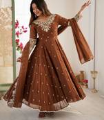 Brown georgette readymade anarkali with embroidery & sequence work