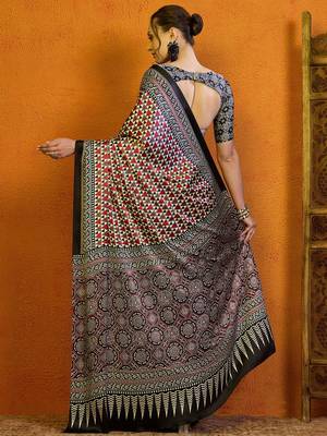 red satin block print saree 3