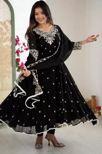 Black georgette readymade anarkali with embroidery & sequence work