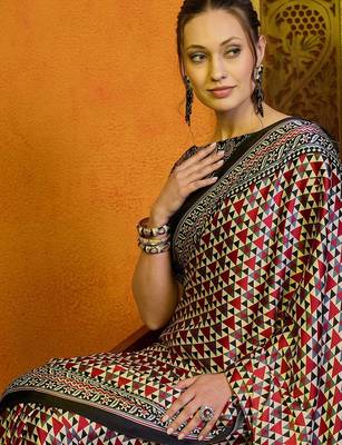 red satin block print saree 5