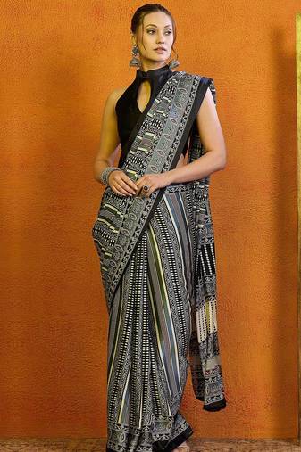 grey ethnic motifs satin block print saree