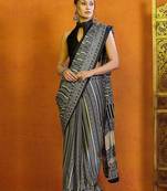 grey ethnic motifs satin block print saree