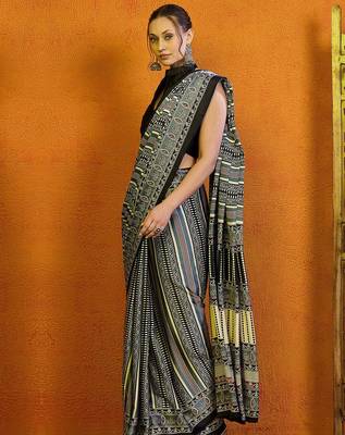 grey ethnic motifs satin block print saree 2