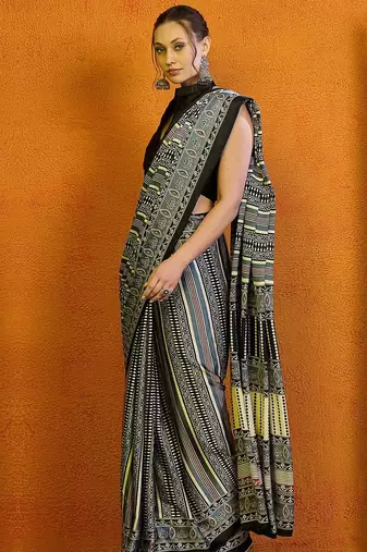 grey ethnic motifs satin block print saree