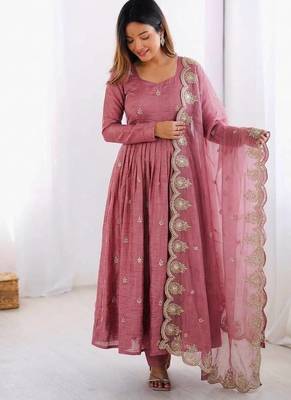 Pink silk blend readymade anarkali with embroidery & sequence work 1