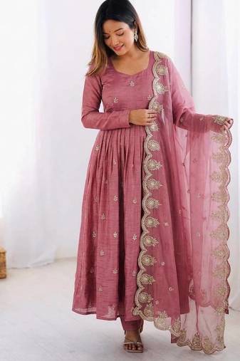 Pink silk blend readymade anarkali with embroidery & sequence work