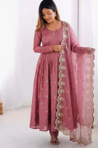 Pink silk blend readymade anarkali with embroidery & sequence work