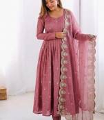 Pink silk blend readymade anarkali with embroidery & sequence work