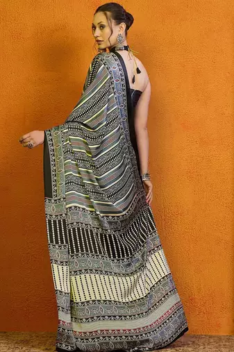 grey ethnic motifs satin block print saree