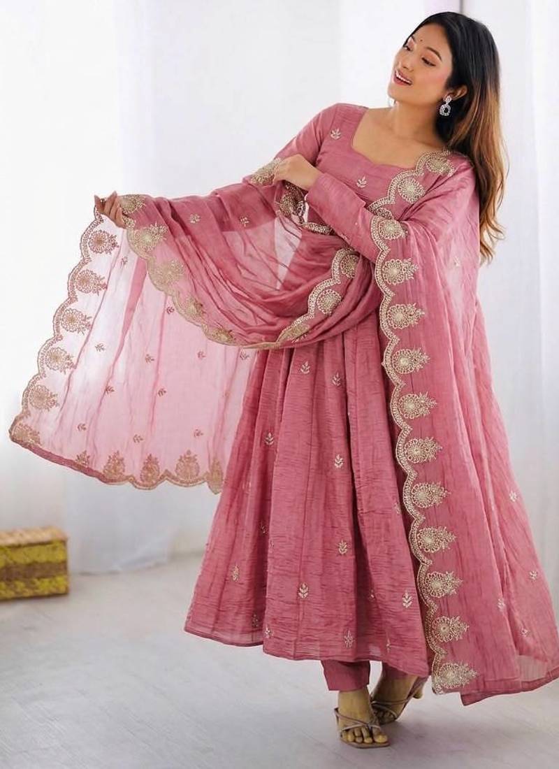 Pink silk blend readymade anarkali with embroidery & sequence work