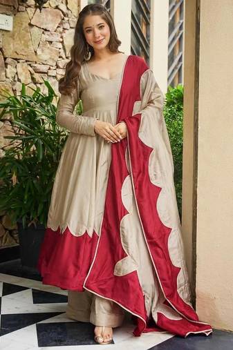 Beige&maroon roman silk readymade anarkali with embroidery work