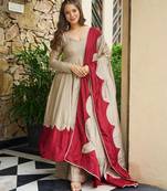 Beige&maroon roman silk readymade anarkali with embroidery work