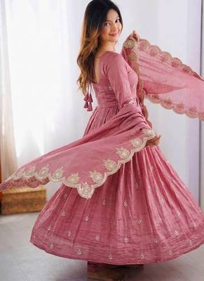 Pink silk blend readymade anarkali with embroidery & sequence work 3