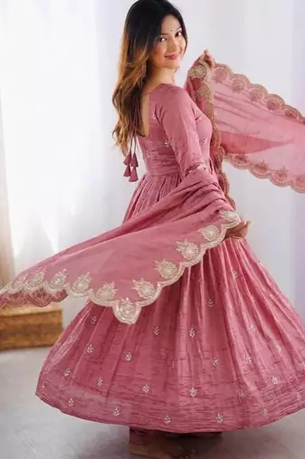 Pink silk blend readymade anarkali with embroidery & sequence work
