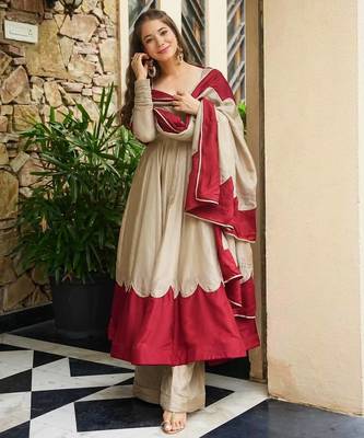 Beige&maroon roman silk readymade anarkali with embroidery work 2