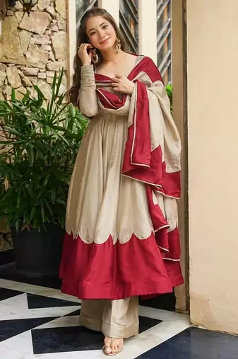 Beige&maroon roman silk readymade anarkali with embroidery work