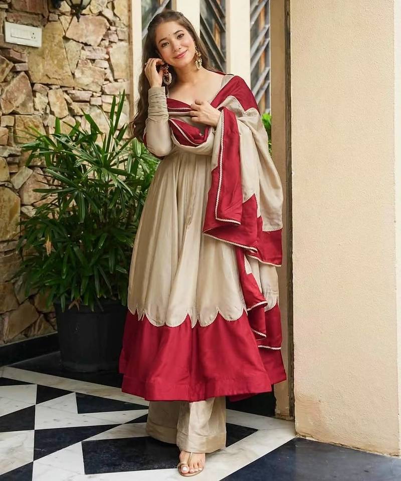 Beige&maroon roman silk readymade anarkali with embroidery work