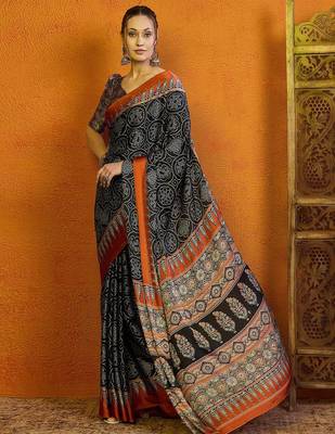 black bandhani printed satin block print saree 1