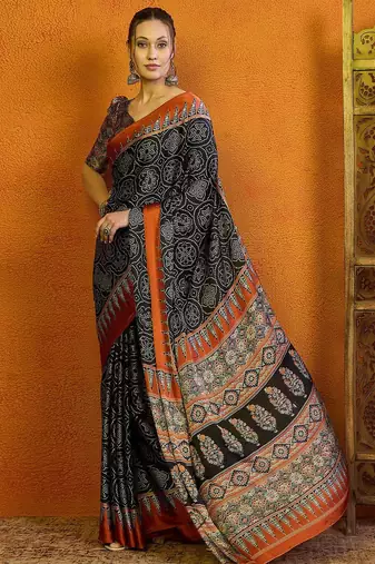 black bandhani printed satin block print saree