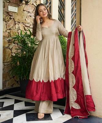 Beige&maroon roman silk readymade anarkali with embroidery work 3