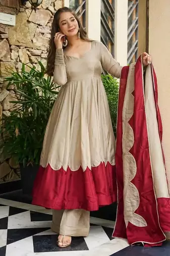 Beige&maroon roman silk readymade anarkali with embroidery work