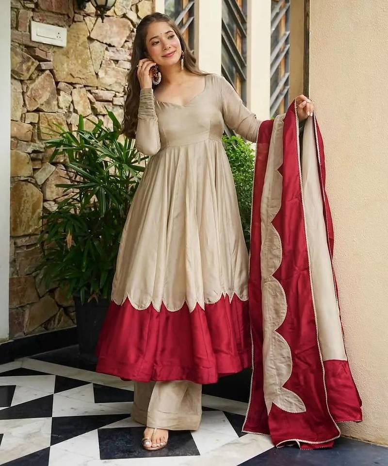 Beige&maroon roman silk readymade anarkali with embroidery work