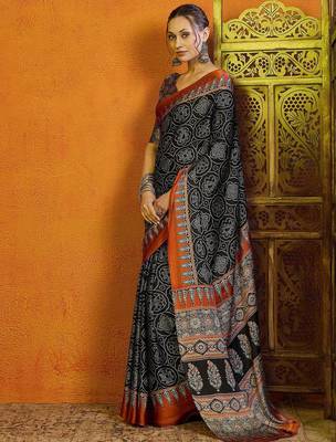 black bandhani printed satin block print saree 2