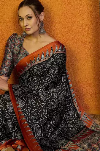 black bandhani printed satin block print saree