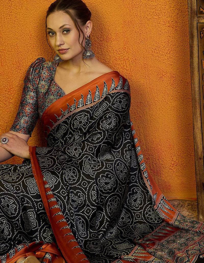 black bandhani printed satin block print saree