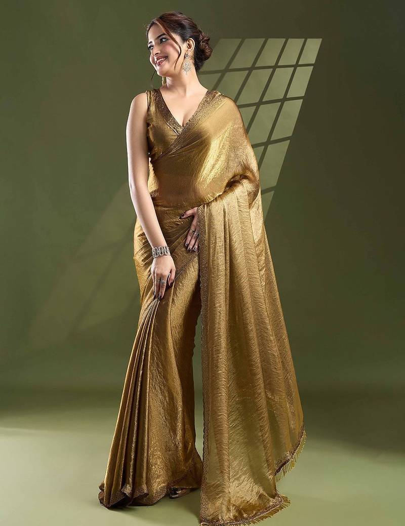 gold beads and stones silk blend saree