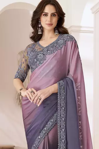 rose embellished ombre sequinned pure chiffon saree