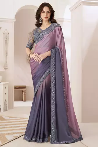 rose embellished ombre sequinned pure chiffon saree