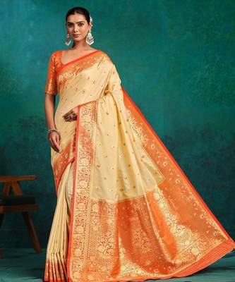 cream ethnic motifs woven design zari banarasi saree 1