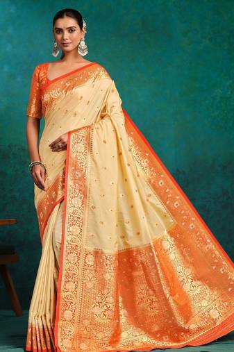 cream ethnic motifs woven design zari banarasi saree