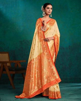 cream ethnic motifs woven design zari banarasi saree 2