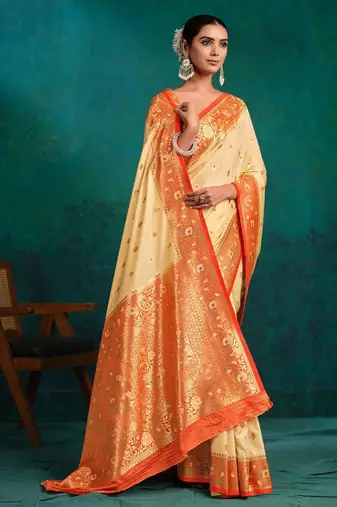 cream ethnic motifs woven design zari banarasi saree