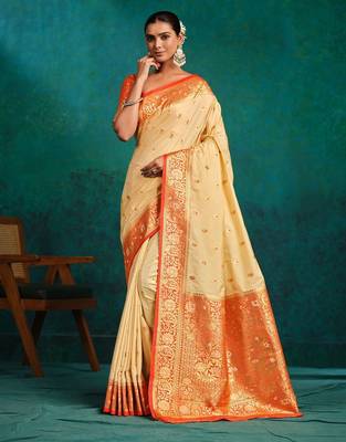 cream ethnic motifs woven design zari banarasi saree 3