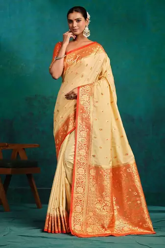 cream ethnic motifs woven design zari banarasi saree