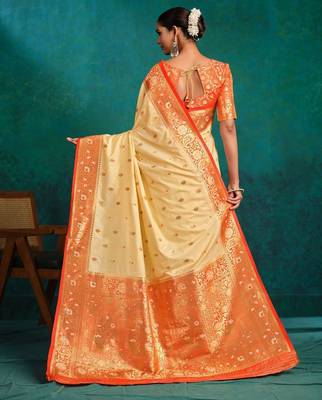 cream ethnic motifs woven design zari banarasi saree 4