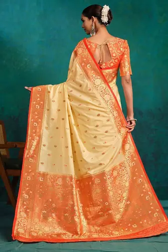 cream ethnic motifs woven design zari banarasi saree